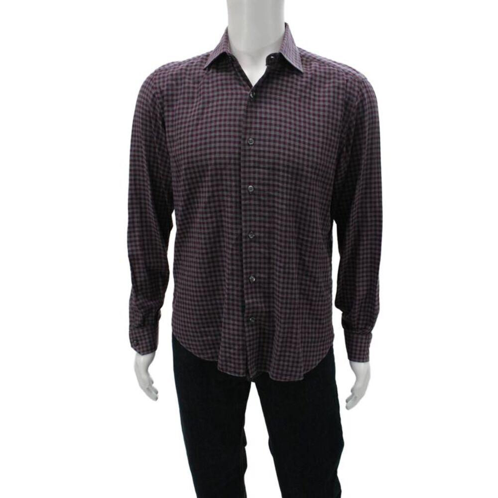Culturata Mens Button Front Collared Gingham Shirt Purple Gray Size Medium